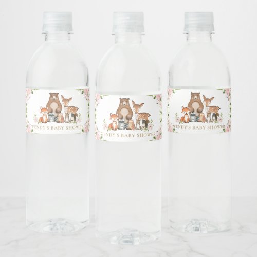 Pink Floral Woodland Animals Baby Shower Birthday Water Bottle Label