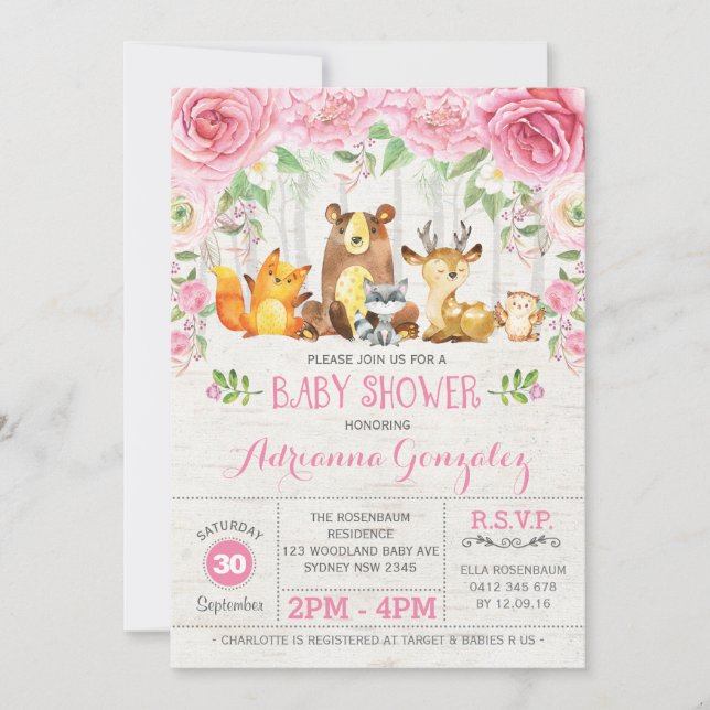 Pink Floral Woodland Animals Baby Shower Invite (Front)
