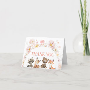 Pink Floral Woodland Animals Baby Shower Letterpress Thank You Card
