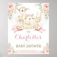 Pink Floral Woodland Animals Baby Shower Welcome Poster