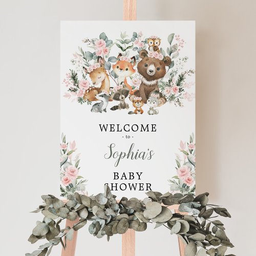 Pink Floral Woodland Animals Baby Shower Welcome Poster