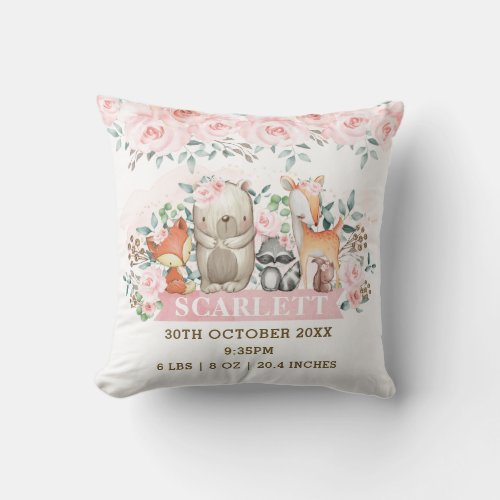 Pink Floral Woodland Animals Birth Stats Nursery Throw Pillow