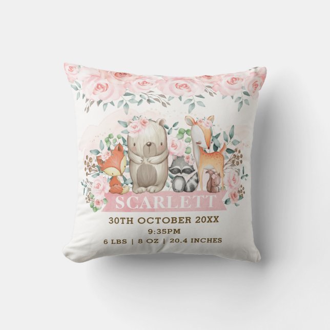 Pink Floral Woodland Animals Birth Stats Nursery Throw Pillow (Front)
