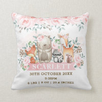 Pink Floral Woodland Animals Birth Stats Nursery Throw Pillow