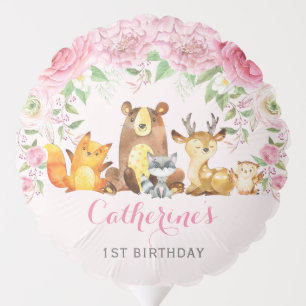 Pink Floral Woodland Animals Birthday Baby Shower Balloon