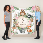 Pink Floral Woodland Animals Custom Monogram Name Fleece Blanket<br><div class="desc">This unique design features a group of adorable forest animals,  pretty pink flowers and lush watercolor greenery. Personalize the blanket with your child's initial and name by clicking the "personalize" button.</div>