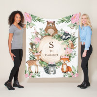 Pink Floral Woodland Animals Custom Monogram Name Fleece Blanket