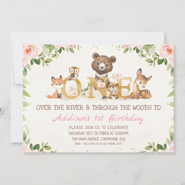 Pink Floral Woodland Animals First Birthday Invitation (Front)