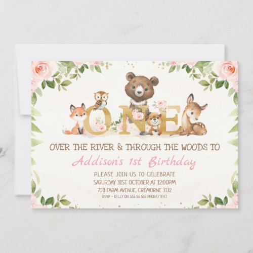 Pink Floral Woodland Animals First Birthday Invitation