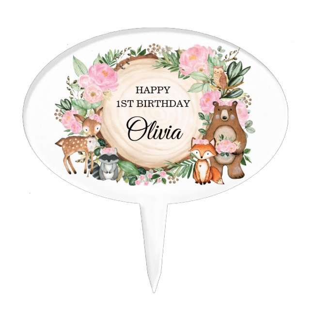 Pink Floral Woodland Animals Girl 1st Birthday Cake Topper (Front)
