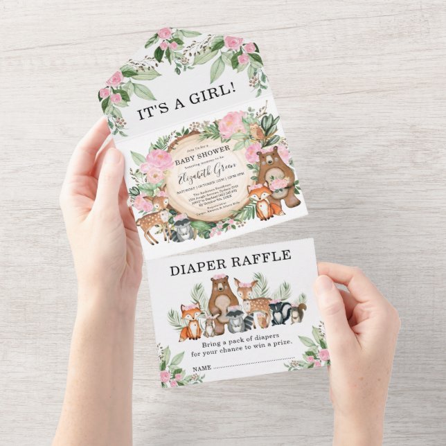 Pink Floral Woodland Animals Girl Baby Shower All In One Invitation (Tearaway)