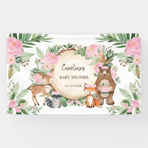 Pink Floral Woodland Animals Girl Baby Shower Banner