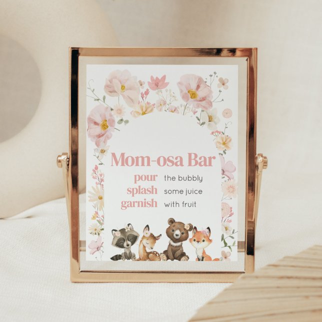 Pink Floral Woodland Animals Mom-Osa Bar Poster (Pink Flower Woodland Animals Baby Shower Mom Osa Bar Sign)