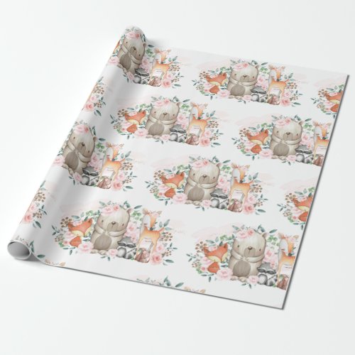 Pink Floral Woodland Baby Animals Birthday Shower Wrapping Paper