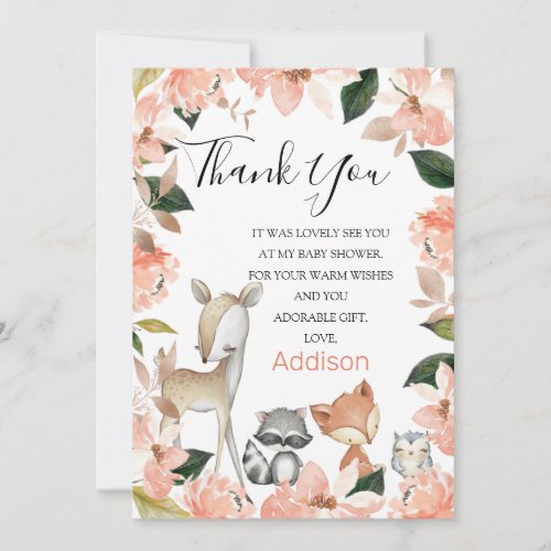 Pink Floral Woodland Baby Shower Thank You Card