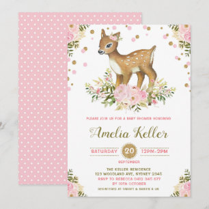 Pink Floral Woodland Deer Baby Shower Invitation