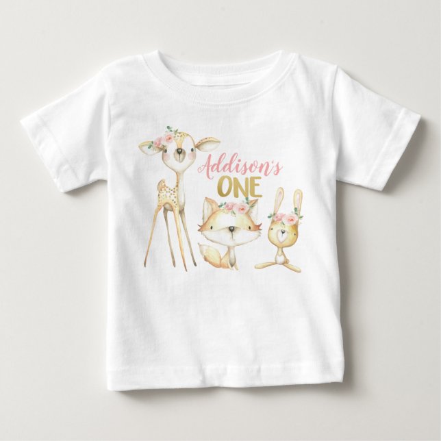 Pink Floral Woodland First Birthday T-Shirt (Front)