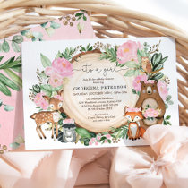 Pink Floral Woodland Forest Animals Baby Girl Invitation