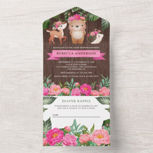 Pink Floral Woodland Forest Animals Baby Shower All In One Invitation