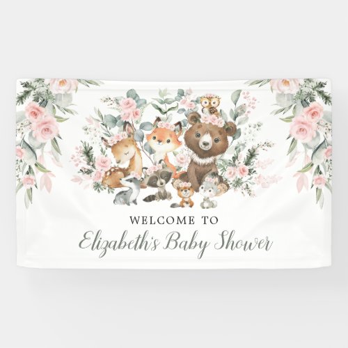 Pink Floral Woodland Forest Animals Baby Welcome Banner