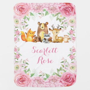 Pink Floral Woodland Forest Animals Girl Nursery Baby Blanket