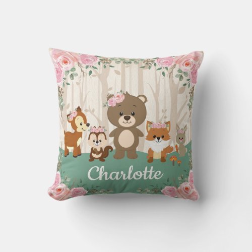 Pink Floral Woodland Forest Animals Nursery Throw Pillow