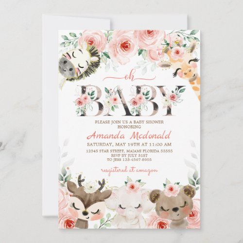 Pink Floral Woodland Girl Baby Shower Invitation