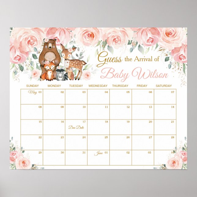 Pink Floral Woodland Guess Baby's Arrival Game Poster (Front)