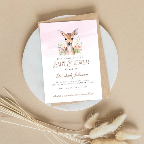 Pink Floral Woodland Oh Deer Baby Shower Invitation