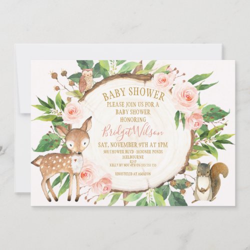 Pink Floral Woodland Wood Slice Baby Shower  Invitation