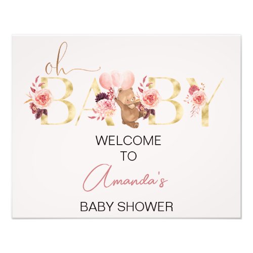 Pink Floral Word Bear Baby Shower Welcome Sign