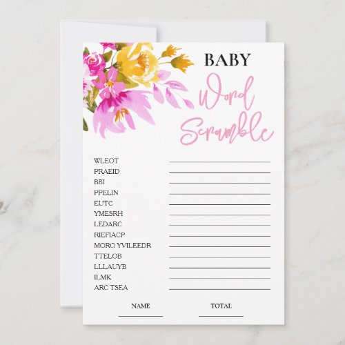 Pink Floral Word Scramble Baby Shower Game Invitation
