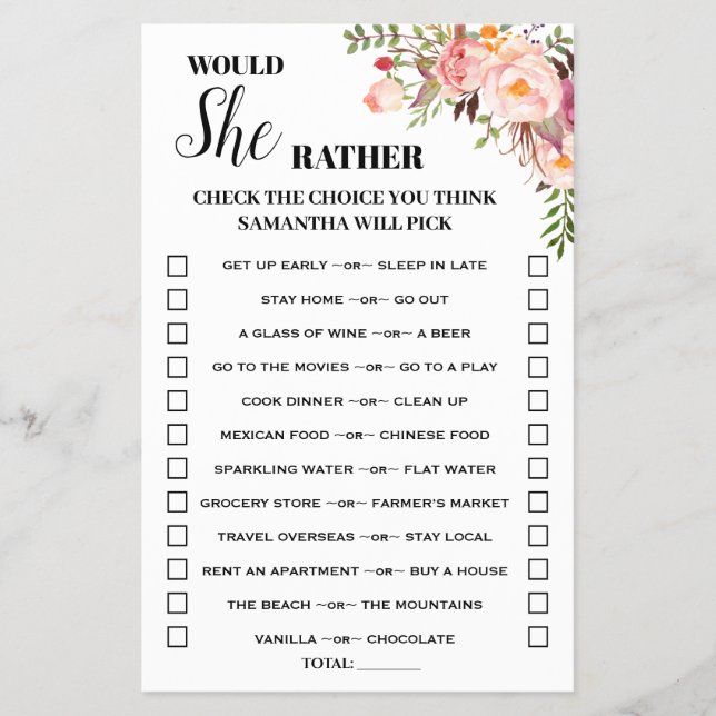 Pink floral Would She Rather Baby Shower Game Card Flyer (Front)