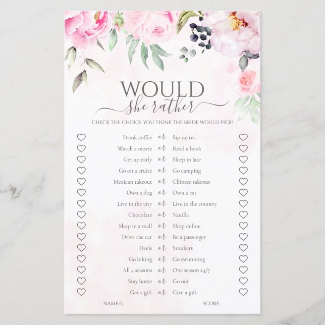 Pink Floral Would She Rather Bridal Shower Game (Front)