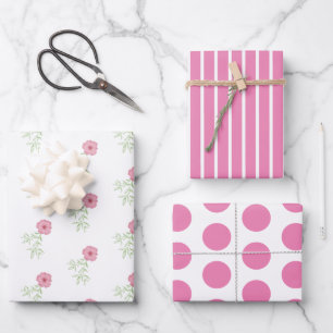Pink Floral Wrapping Paper Flat Sheet Set of 3