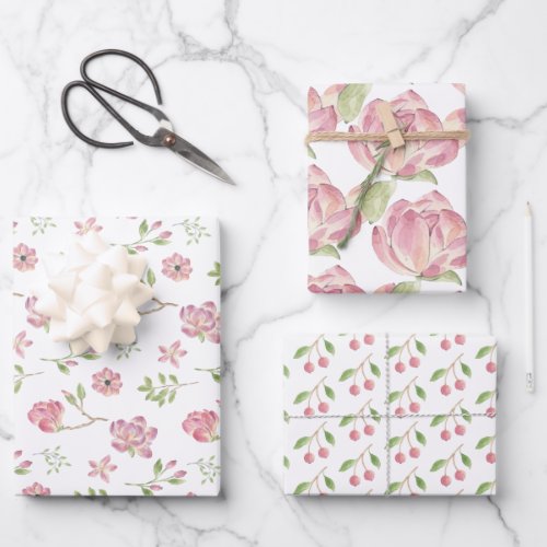 Pink Floral Wrapping Paper Flat Sheet Set of 3