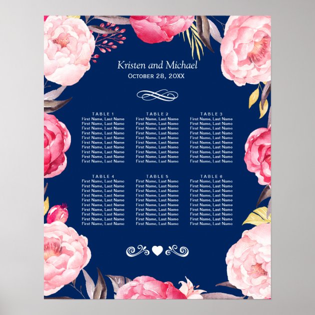 Pink Floral Wreath 6 Tables Wedding Seating Chart
