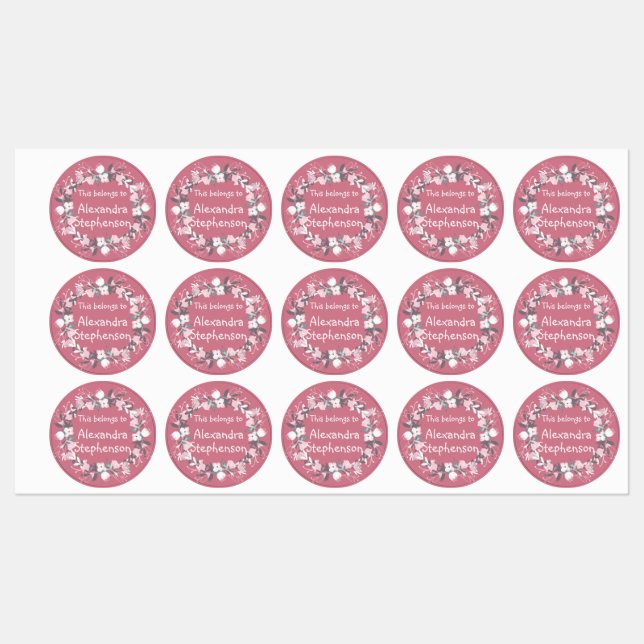 Pink Floral Wreath Baby Girl Kids Name Waterproof Labels (Sheet)
