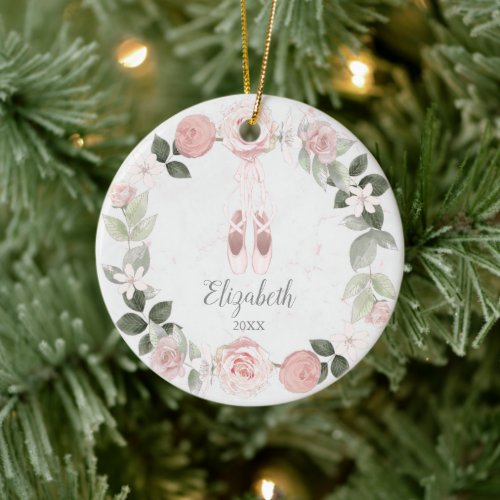 Pink Floral Wreath Ballet Slippers Personalized Ceramic Ornament