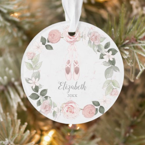 Pink Floral Wreath Ballet Slippers Personalized Ornament