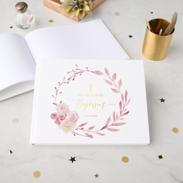 pink floral wreath Baptism Foil Guest Book (Front Open)