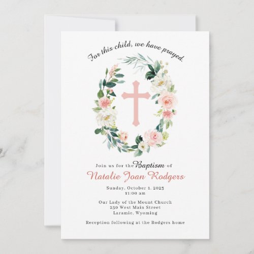 Pink Floral Wreath Baptism Invitation