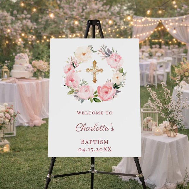 Pink floral wreath Baptism welcome Foam Board (Creator Uploaded)