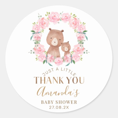 Pink Floral Wreath Bears Baby Shower Favor Sticker
