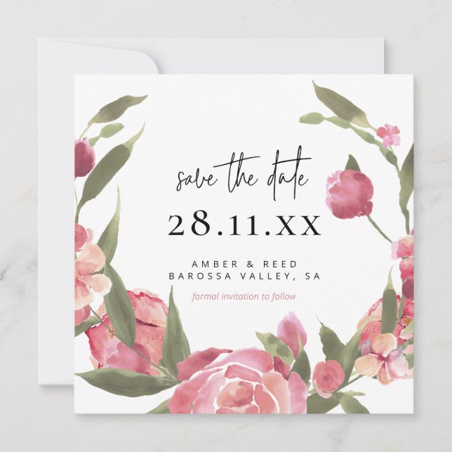 Pink Floral Wreath Botanical Square Save the Date (Front)