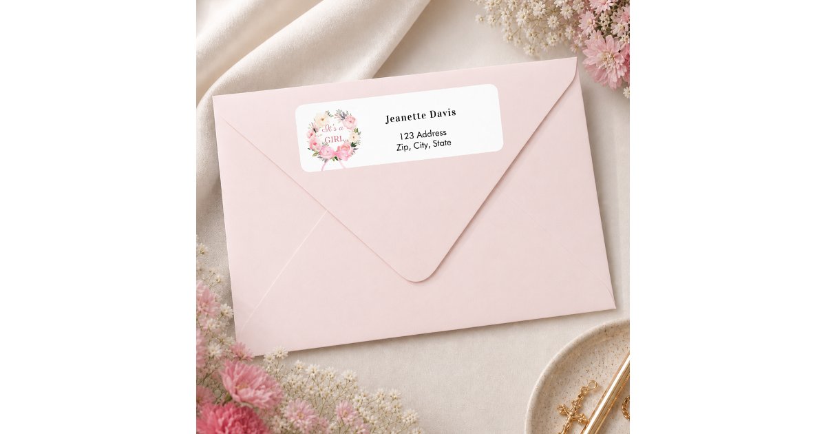 Pink floral wreath bow baby shower return address label | Zazzle