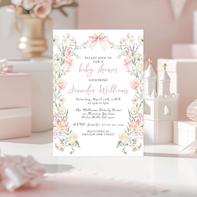 Pink Floral Wreath Bow Butterfly Baby Girl Shower Invitation (Creator Uploaded)