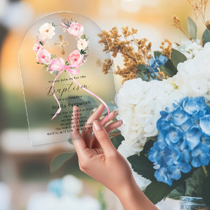 Pink floral wreath bow cross girl baptism arch acrylic invitations