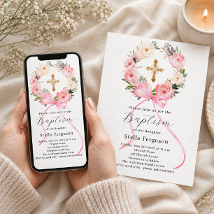 Pink floral wreath bow cross girl baptism invitation