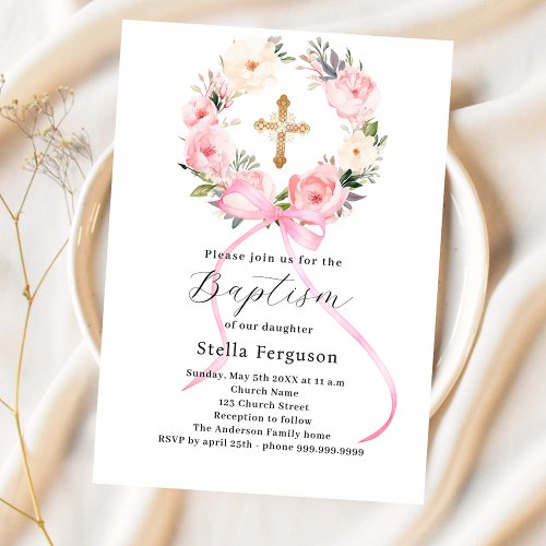 Pink floral wreath bow cross girl baptism invitation